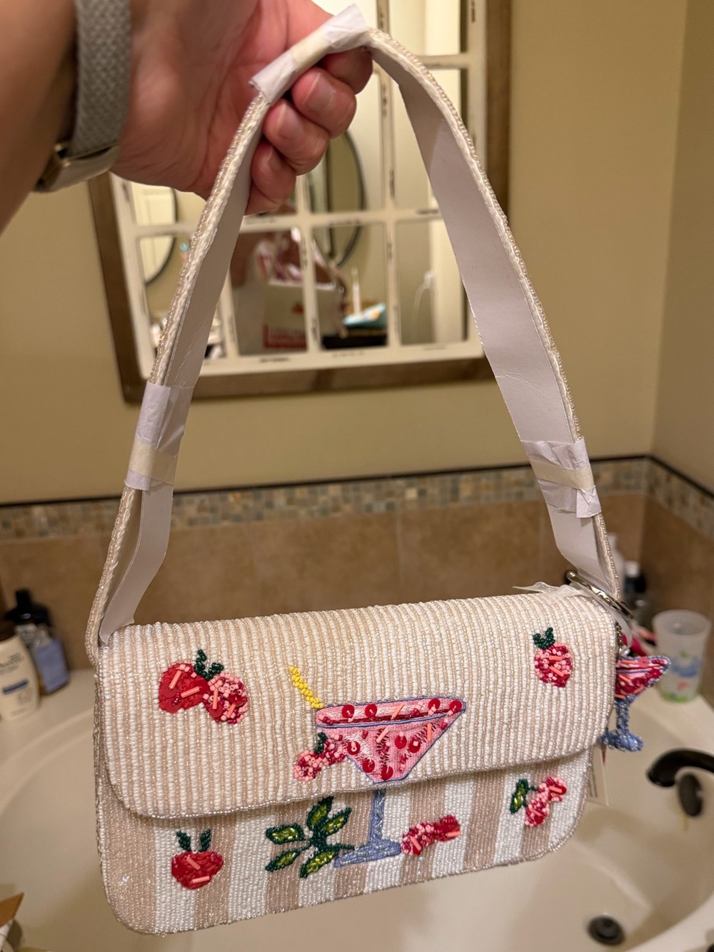 Cream Beaded Straw Shoulder Bag with Cocktail & Cherry Embroidery